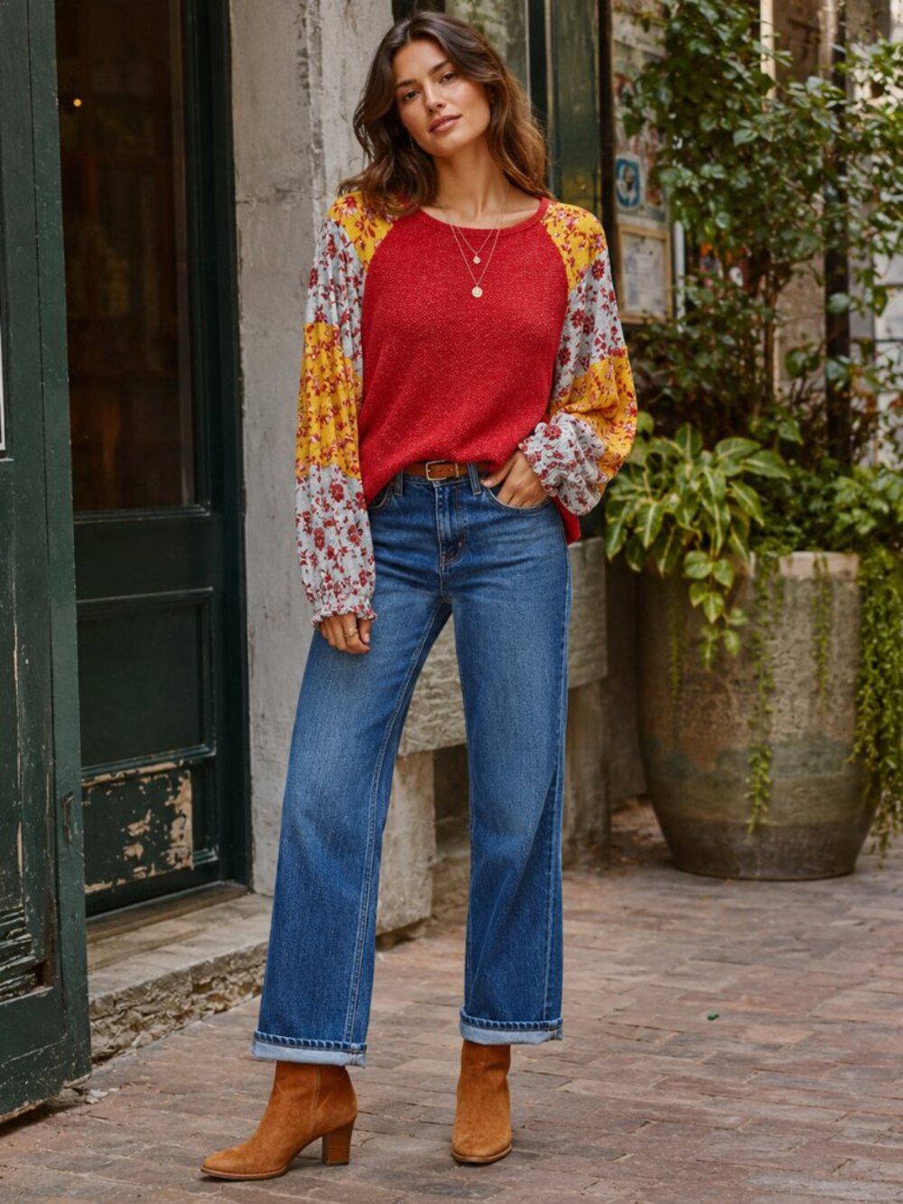 Ces Femme Top S Red Floral Mixed Print Balloon Sleeve Raglan Boho Knit Blouse